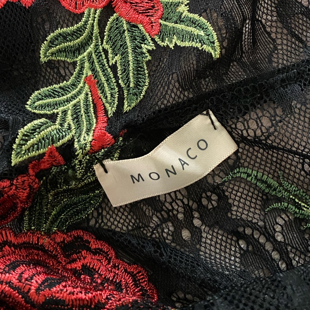 Monaco Lace Bodysuit Medium Black Sheer Floral Embroidered Off Shoulder - Picture 7 of 7